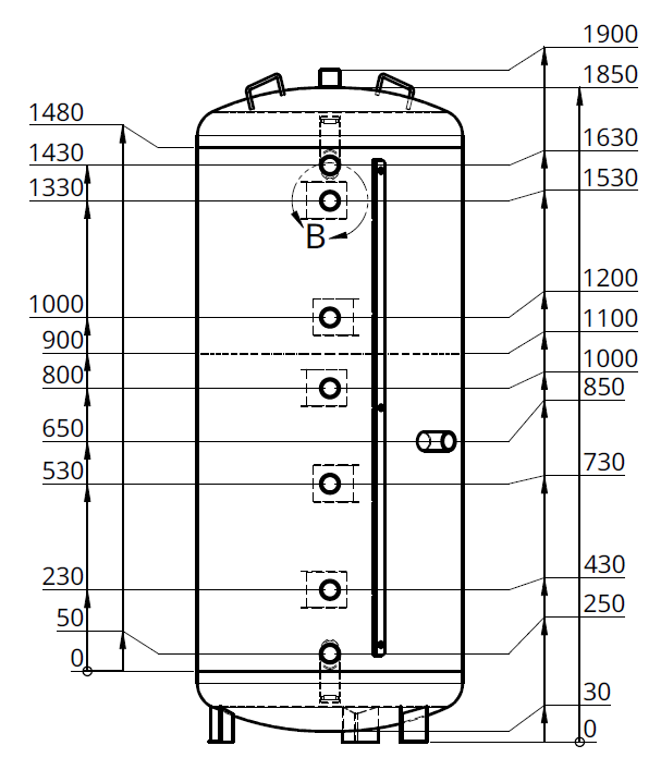 Technische Zeichnung (Ansicht) eines ASOTEC Twintherm Wärempumpen-Pufferspeichers